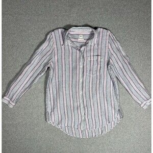 Gap Blue Pink Boyfriend Shirt Striped Linen Women Relaxed Coastal Button Up Sz M